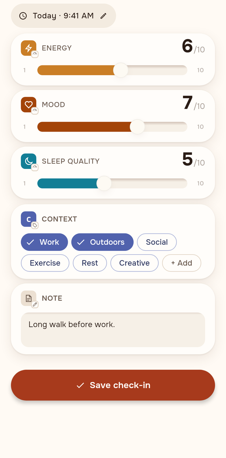 A piptracker check-in mid-fill: Energy 6 of 10, Mood 7, Sleep quality 5, the Work and Outdoors tags picked, and a short note.