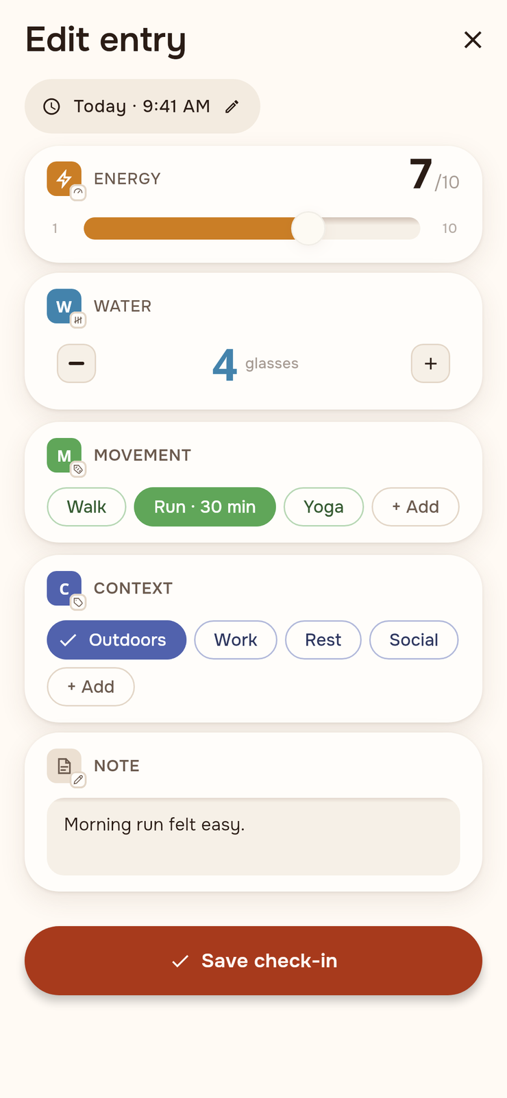 A check-in with all five tracker types: an Energy rating, a Water amount, Movement amount tags with 'Run · 30 min', Context tags, and a note.