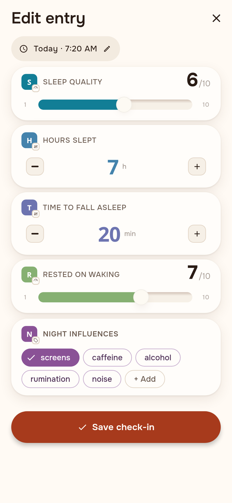 The Sleep diary template as a morning check-in: Sleep quality, Hours slept, Time to fall asleep, Rested on waking, and Night influences tags.