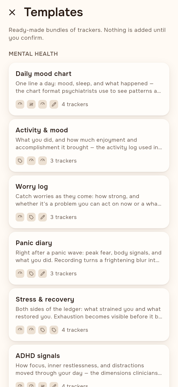 The template browser: Daily mood chart, Activity & mood, Worry log, Panic diary, Stress & recovery, each with its tracker count.