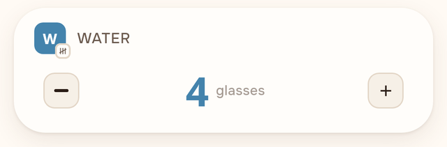 A Water amount card: a stepper reading 4 glasses.