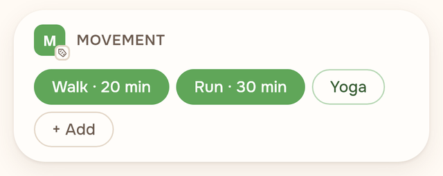 A Movement card: chips reading Walk · 20 min and Run · 30 min.